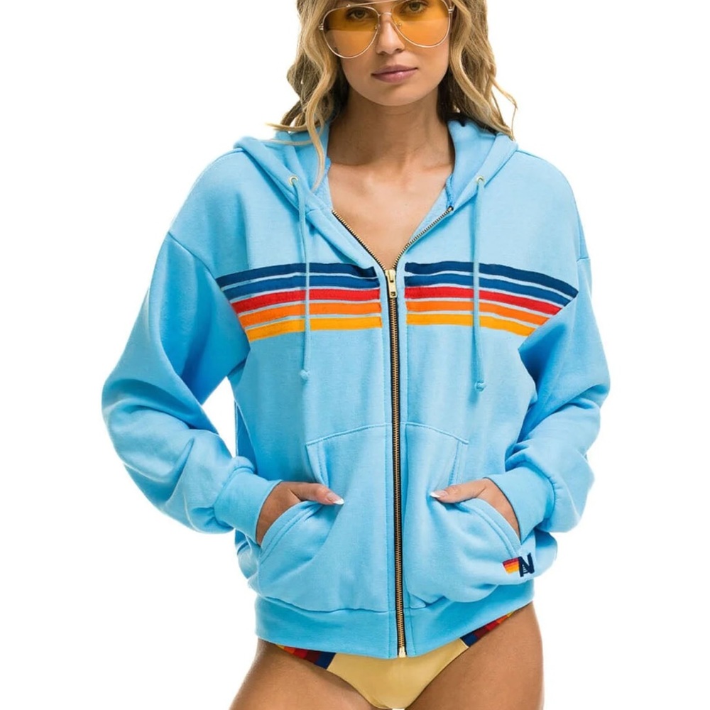 Aviator Nation 5 stripe relaxed hoodie in sky blue size M